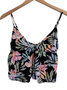 Billabong Summer Babe Floral Crop Cami Tank Top Medium Black Pink Tropical Leaf